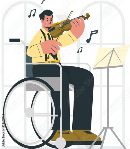 A man in a wheelchair plays the violin with musical notes floating around him, showcasing his passion for music