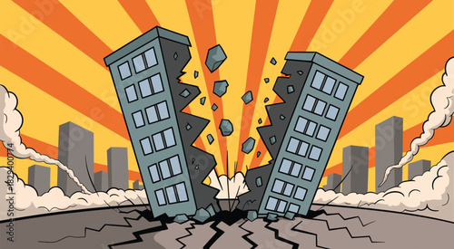 Destroyed Buildings Scene In Detailed Vector Illustration Showing Two Collapsed Structures With Background Cityscape And Cracked Ground Surface For Disaster Concept Artwork