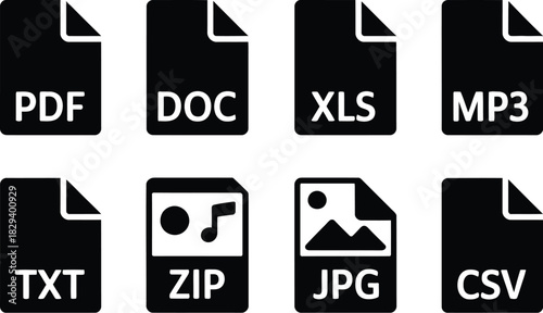 Set of eight flat monochrome icons depicting common computer file extensions for different media formats, designed with a clean and simple geometric aesthetic for universal recognition
