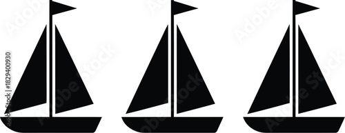 Three identical sailboats depicted in a minimalist, black and white graphic illustration, perfect for nautical themes