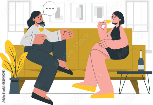 An intimate chat between two friends, sharing a moment of connection and support over wine in a cozy living room illustration