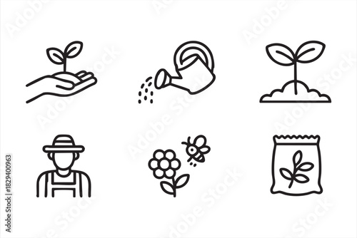 Line icons for plant growth, watering cans, pollination flowers, and rural gardening