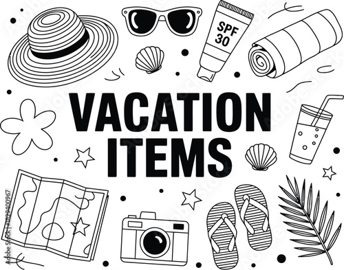 Hand-drawn collection of summer vacation items in a black and white doodle style, featuring essential travel accessories for a beach holiday