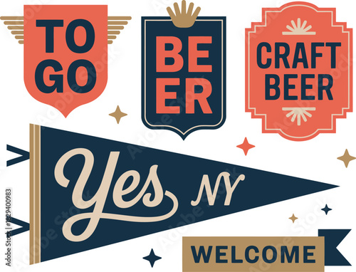Collection of retro-inspired vector badges, labels, and pennants featuring 'to go', 'beer', 'craft beer', 'yes NY', and 'welcome' designs, ideal for vintage-themed projects