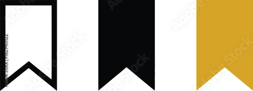 A collection of three vector bookmark icons, including a black outline, a solid black version, and a golden yellow variant, isolated on a white background