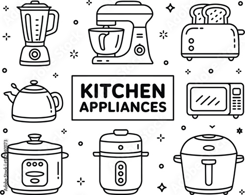 A comprehensive collection of essential culinary tools and modern kitchen appliances presented in a sleek, minimalist line art style, perfect for home cooking enthusiasts