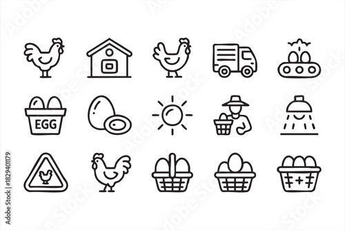 Poultry farm line icons for chickens, egg baskets, hatchery systems, and transport