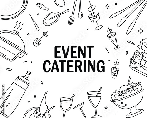 Event catering concept with food, drinks, and service icons, ideal for restaurant and event promotions