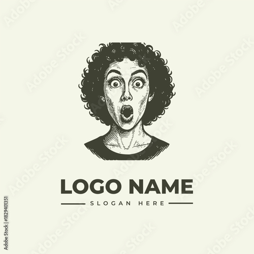 Surprised woman face vector logo illustration in a detailed hand-drawn engraving style for business branding. 95