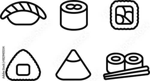 A vibrant collection of diverse Japanese sushi and onigiri icons, featuring traditional nigiri, maki rolls, and rice balls, perfect for culinary-themed graphic designs and restaurant menus