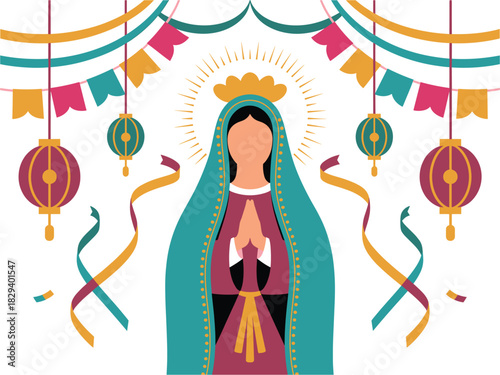 Elegant Illustration of the Virgin of Guadalupe with Festive Decorations: A Celebration of Mexican Culture and Religious Iconography in a Modern Style