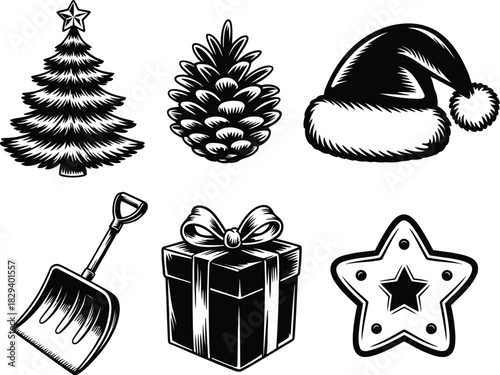 A collection of six festive Christmas icons including a tree, pine cone, Santa hat, shovel, gift box, and star cookie