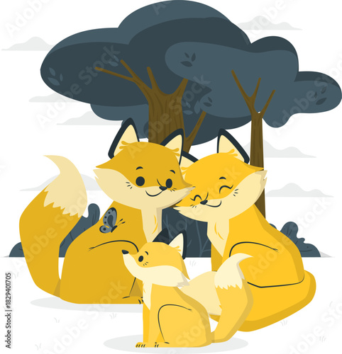 Fox Family Illustration in Nature Setting with Trees and Warm Colors