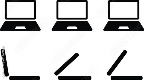Collection of six minimalist black and white vector icons featuring various open states and perspectives of a laptop computer, ideal for digital design