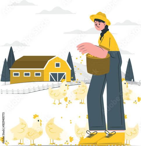 Woman farmer feeding happy chickens with grain in a charming farm setting, illustrating daily agricultural work, sustainable poultry care, and rural lifestyle