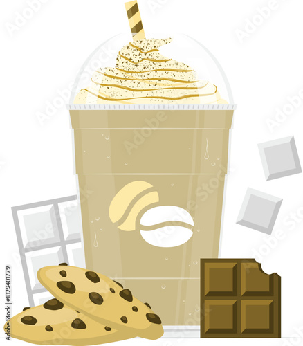 Creamy iced coffee beverage with whipped cream, cookies and chocolate bars.