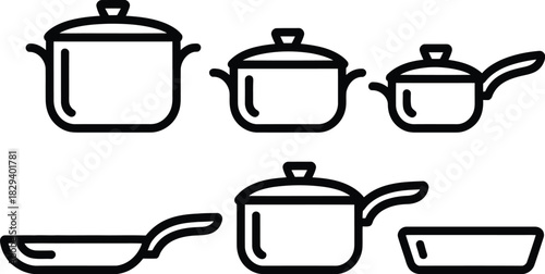 Array of Cookware Icons Pots, Pans, and Cooking Utensils in Simple Line Art Style
