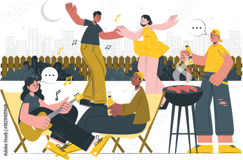 Diverse friends enjoying an upbeat rooftop summer party with live music, dancing, and delicious barbecue, fostering connection and joy