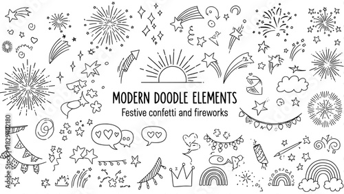 Doodle festive celebration elements set