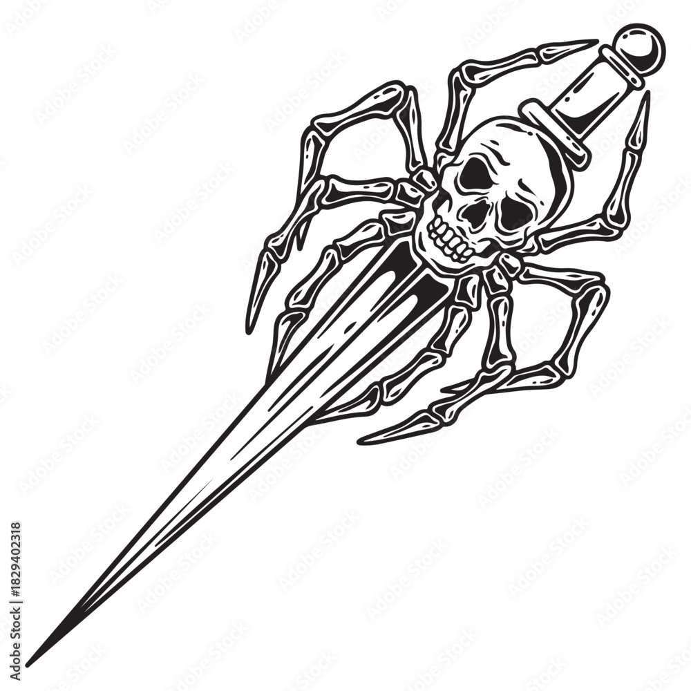 Fototapeta premium illustration art hand drawn skull spider sword black and white tattoo and t-shirt design
