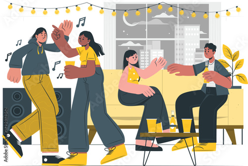 A lively indoor party scene with friends dancing and enjoying drinks in a modern apartment