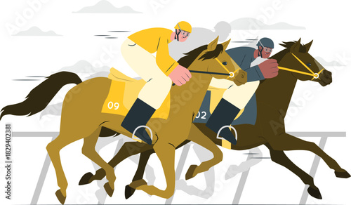 Intense equestrian competition featuring two determined jockeys expertly guiding their swift horses towards the finish line in a competitive sprint