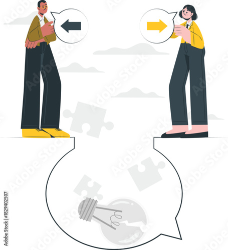 A minimalist illustration showing two colleagues with opposing viewpoints, leading to a breakdown in communication and a failed idea represented by a broken lightbulb