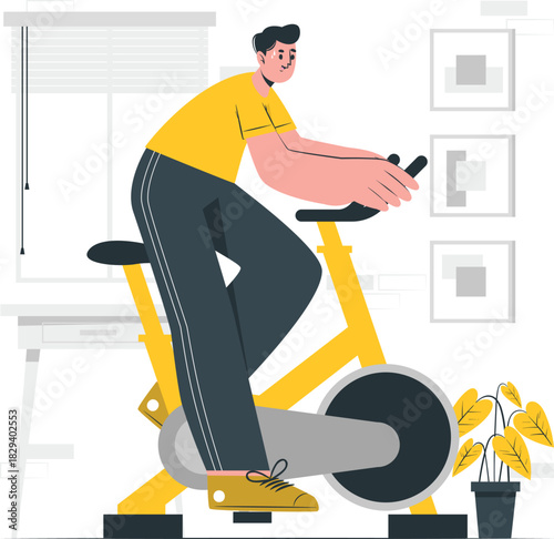 Man exercising on stationary bicycle in a home gym, promoting a healthy lifestyle and fitness