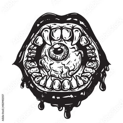 illustration art hand drawn black and white scray mouth wit eye ball tattoo and t-shirt design