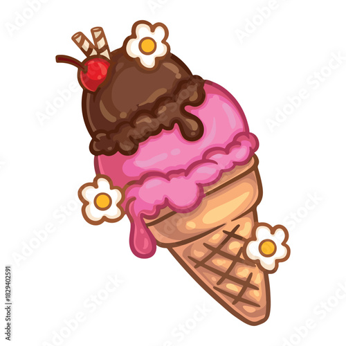 illustration art hand drawn chocolate and strawberry ice cream cone sticker design