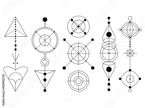 Sacred symbols with arrows, moon, and eye on black grunge background featuring gold mystic line art for magic craft, minimalist geometric design, and abstract illustration collection