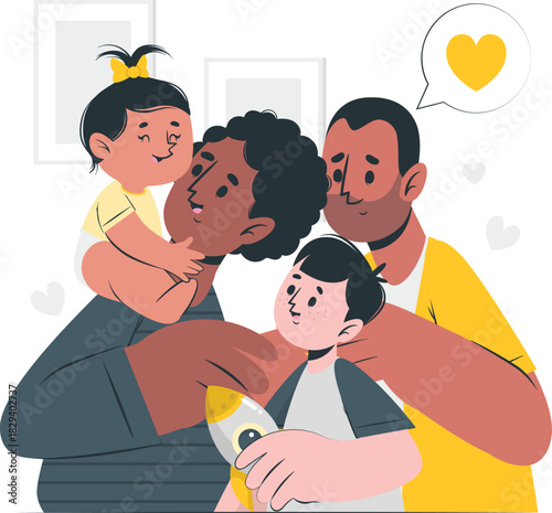 A diverse and loving family with two fathers and two children sharing a tender and happy moment together