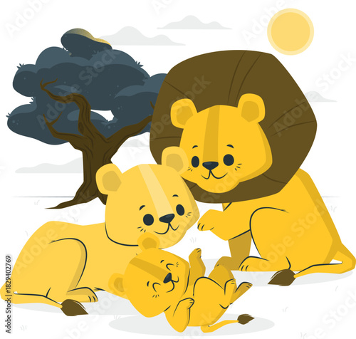 A heartwarming cartoon illustration of a loving lion family, with a father, mother, and playful cub enjoying a sunny day in the African savanna