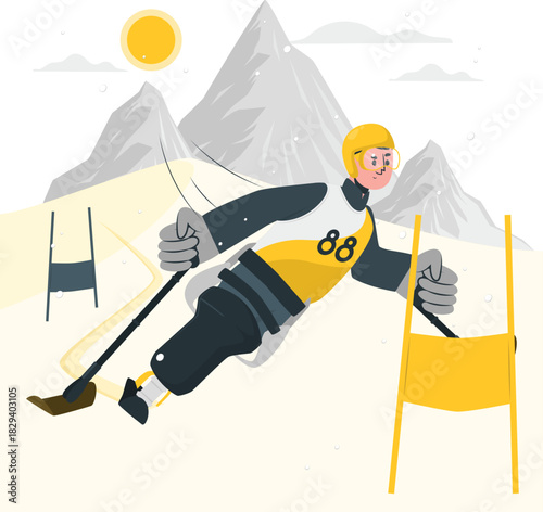 Dynamic illustration of a professional alpine skier competing in a slalom event on a snowy mountain slope