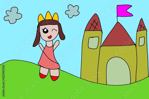 Fotografie A little girl draws a princess and her castle