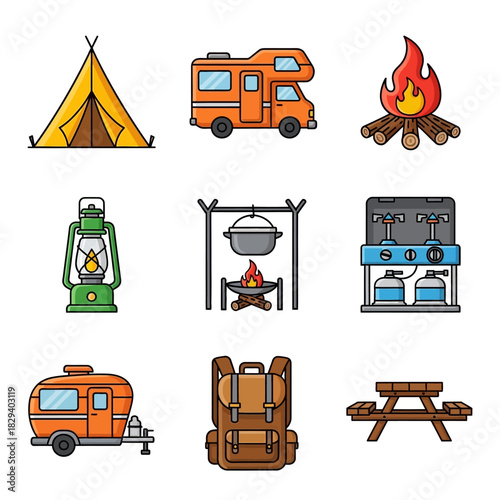 camping icons set