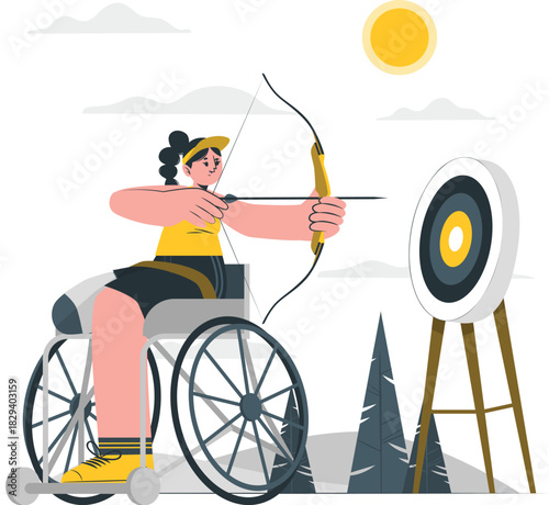 Woman in a wheelchair practicing archery, aiming at a target in a sporting event, representing inclusivity and adaptive sports
