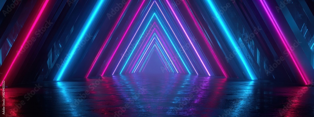 Fototapeta premium Abstract neon lights tunnel with vibrant pink and blue colors and reflections