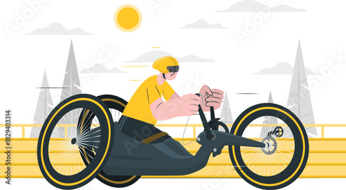 Man riding a hand-powered tricycle on a track with trees and clouds in the background