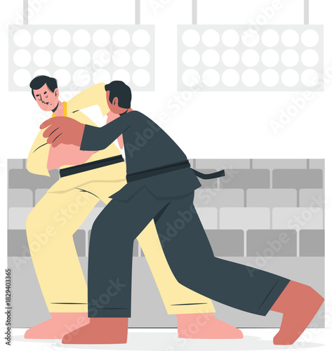 Skilled martial arts practitioners engaged in a dynamic judo throw, a vector concept of combat sports and self-defense training