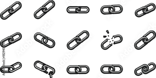 3D chain link icon set, connection, communication, broken link symbol, security vector illustration