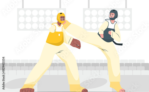 Two martial artists locked in a dynamic Taekwondo match, showcasing powerful kicks and defensive stances in a competitive arena