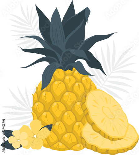 Fresh tropical pineapple fruit illustration with slices and decorative leaves
