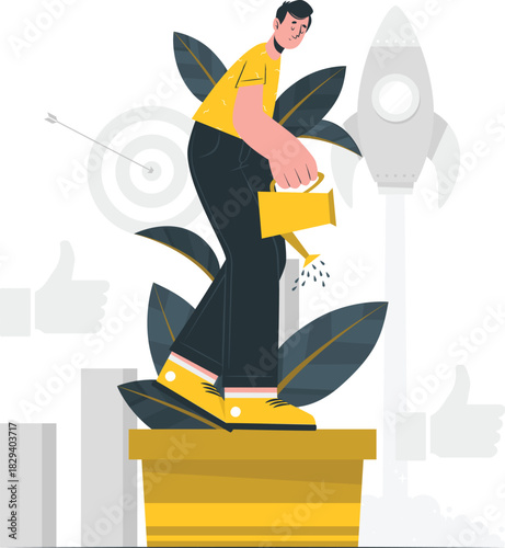 Conceptual illustration of personal and professional development, nurturing a startup idea for successful growth and achieving goals