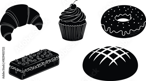 Bakery desserts silhouette set, croissant, donut, cupcake, bread, sweet food icons, vector illustration