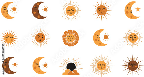 Boho celestial sun and moon icons, esoteric mystical set, sleeping faces, astrology magic symbols, vector illustration