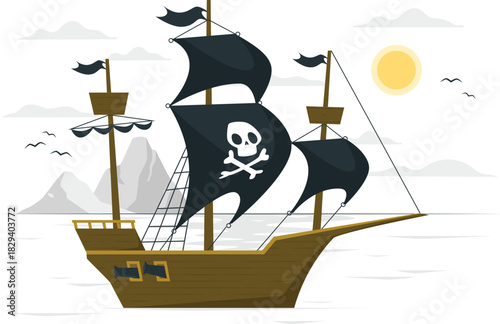 A majestic pirate ship with Jolly Roger flag sails on a calm sea under a bright sun, evoking adventure and exploration