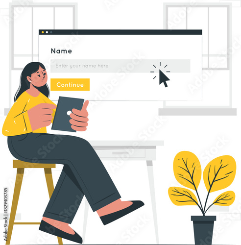 Woman entering name in a web form on a browser window illustration vector