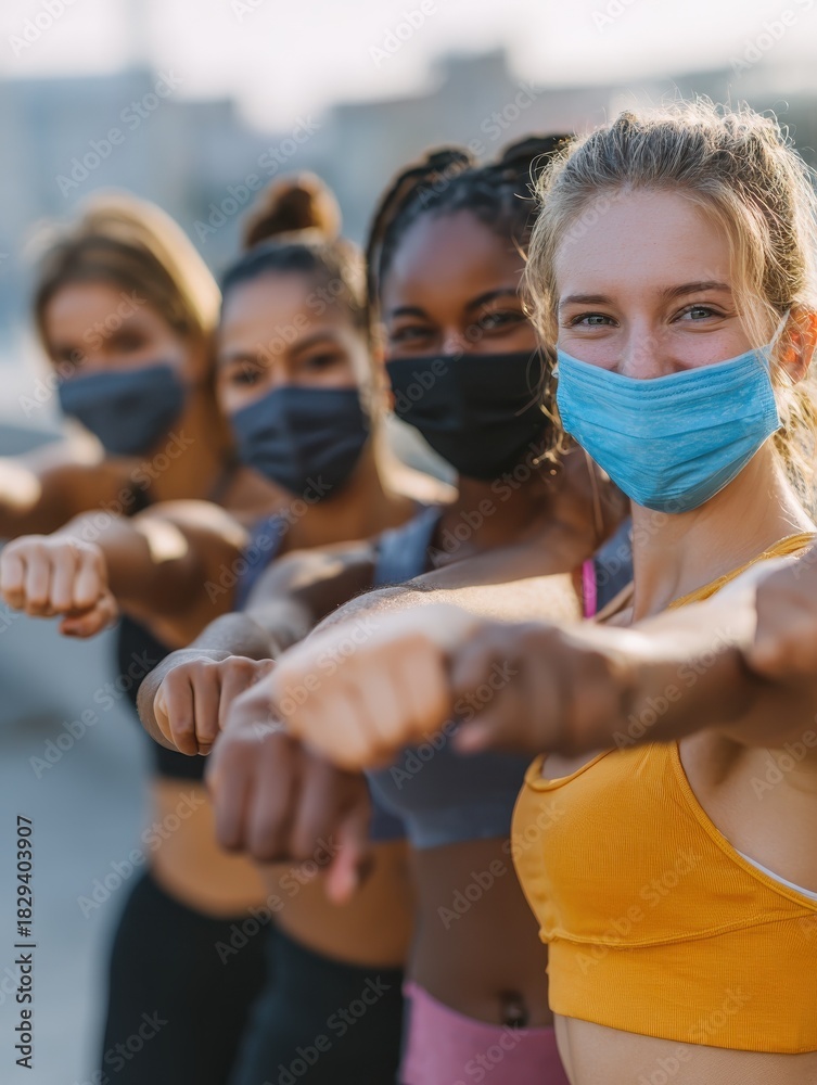 Obraz premium diverse multiracial fit girls friends wear face masks give elbow bump sporty african indian and caucasian young women group noncontact greeting together starting outdoor fitness training closeup no l