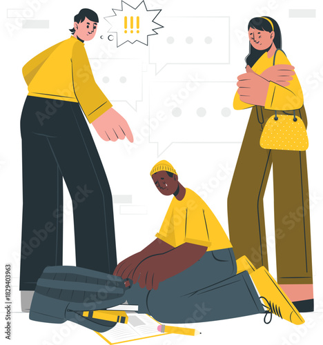 Vivid illustration capturing a distressing moment of social harassment where one person is targeted and shamed, while an onlooker's silent approval underscores the complex dynamics of bullying culture